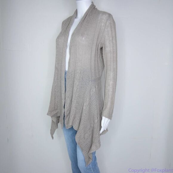 Cynthia Rowley wool blend open front shark bite hem light brown cardigan, L - Picture 10 of 15